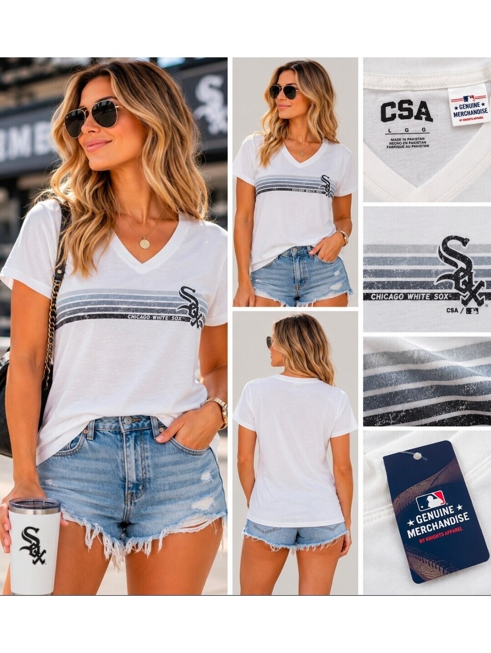Chicago White Sox Women’s Large V-Neck T-Shirt White Stripe MLB NWT